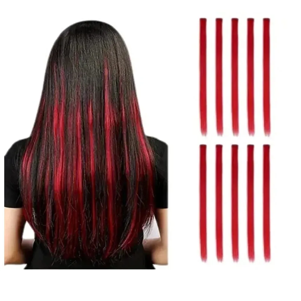 10 PCS Sintetik 22 inci Sambungan Rambut Berwarna Potongan Rambut Lurus Warna-warni Sorotan Pesta Klip dalam Panjang untuk Kanak-kanak Perempuan Wanita