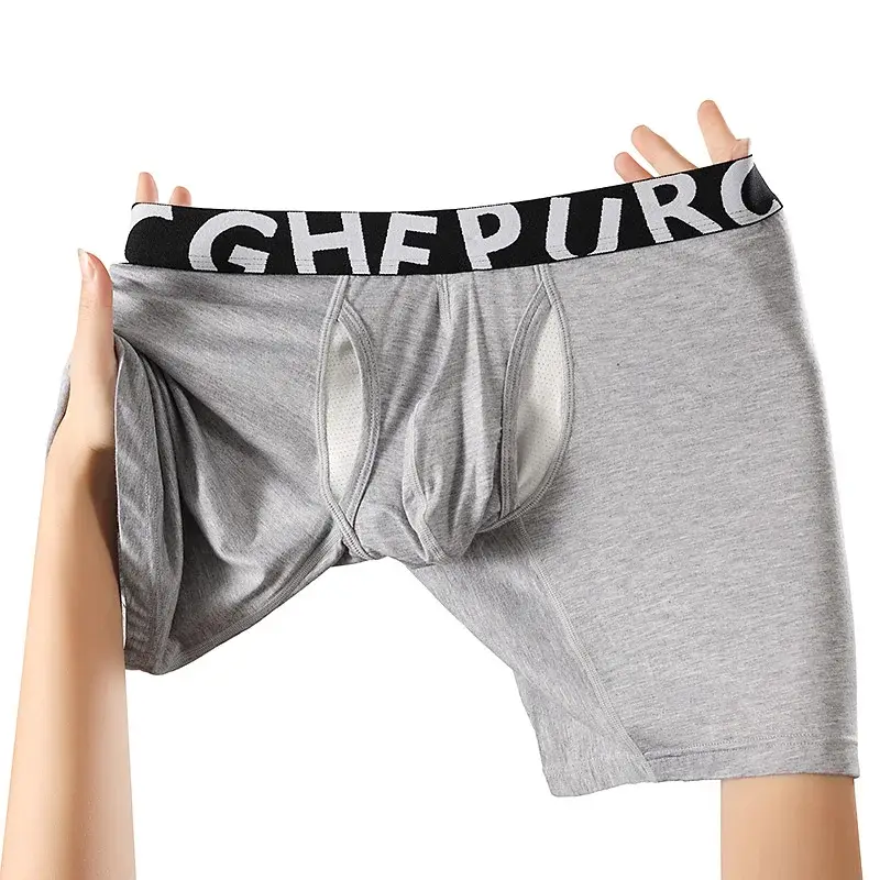 Men's Long Leg Cotton Boxer Briefs with Scrotum Pouch Anti-Chafing U Convex Separation Sports Underwear for Comfort
