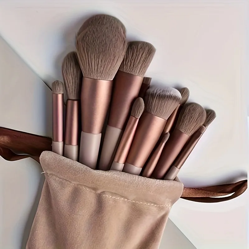 13PCS Vegan Makeup Brush Set-Rose Gold Luxury Brushes with Hybrid Fiber Bristles&Gift Pouch Cruelty-Free Kit for Beginners/Pros