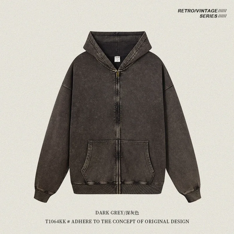 Retro Autumn Batik Washed Zipper Hoodie For Men Unisex Oversized Distressed 420gsm Terry 100% Cotton Hooded Coats HY0936