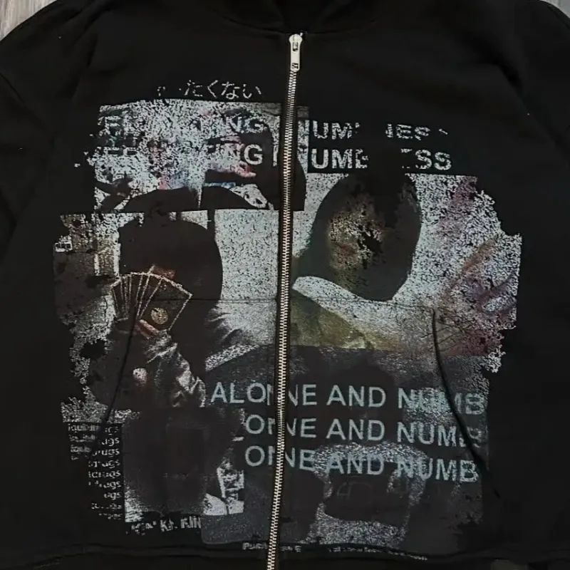 Harajuku Casual Letter Zip Oversized Hoodie Grunge Streetwear Gothic Sweatshirt Hoodies Women Tops Men Clothing Goth Y2k Clothes