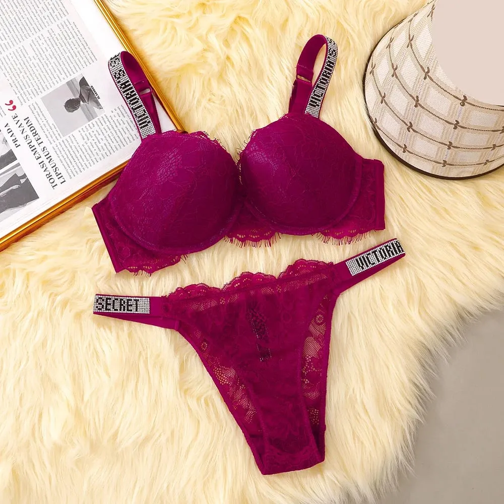 Victoria Secret Sexy Women Underwear Very Sexy Eyelash Lace Fringe Trim Push Up Bra Shine Script Thong Panty Set