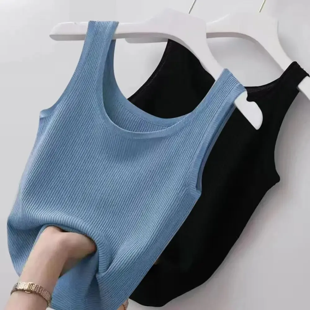 2024 Polyester Sexy Sleeveless Camisole Basic Top Solid Color Summer Camisole Streetwear Tees T-Shirt Spring Knitted Tank Women