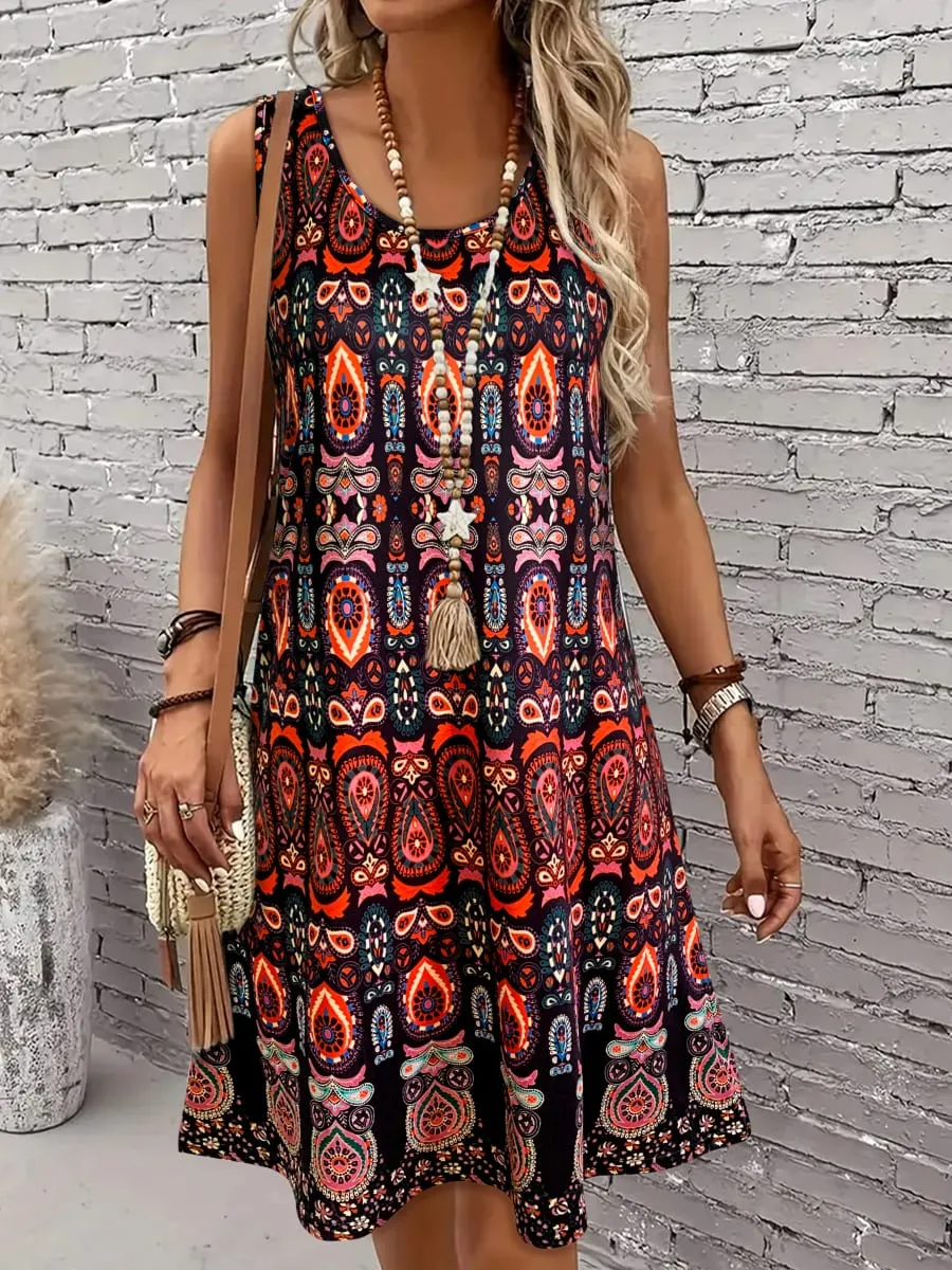 Women's Vintage All-Over Print Sleeveless Dress - Off-Shoulder Summer Sundress Casual Boho Beach Dress