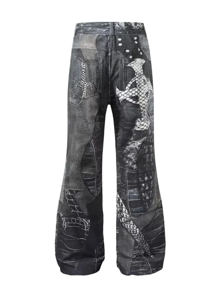 Men's Gothic Crocodile Snake Print Wide Leg Jeans Vintage Washed Denim Pants Streetwear Fashion Loose Straight Fit Trousers