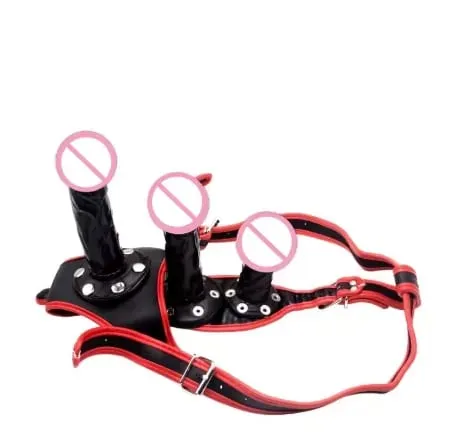 Three Headed Female Dildo Wearing Pants with Red Border Leather Detachable SM Pull-up Pants for Masturbation and Adult Sex Toys
