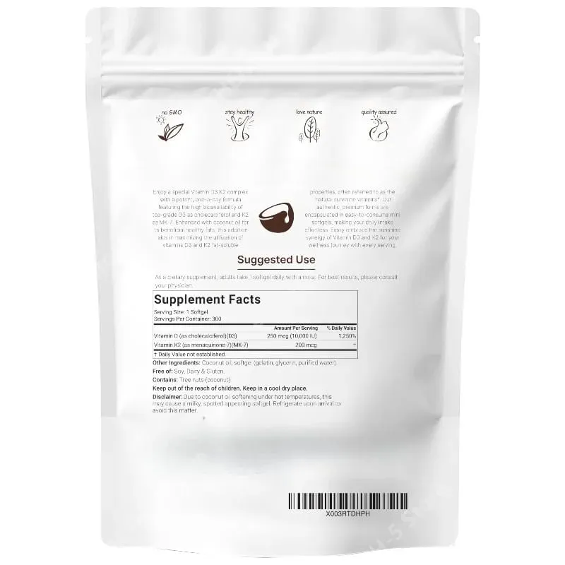 Vitamin D3 K2 Softgels D3 10000 IU + K2 MK-7 200 Mcg Softgels with Coconut Oil 2-in-1 Vitamin D & K Daily Supplement 180 Count