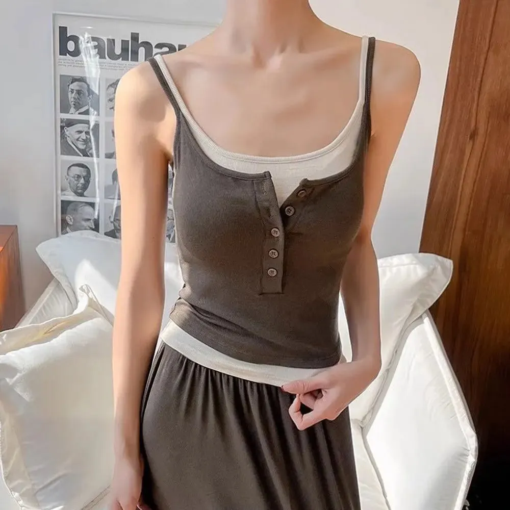 Canotta casual in due pezzi finta a strati Y2K Canottiera in maglia a costine Canottiera slim fit senza maniche con imbottitura sul petto per l'uso quotidiano