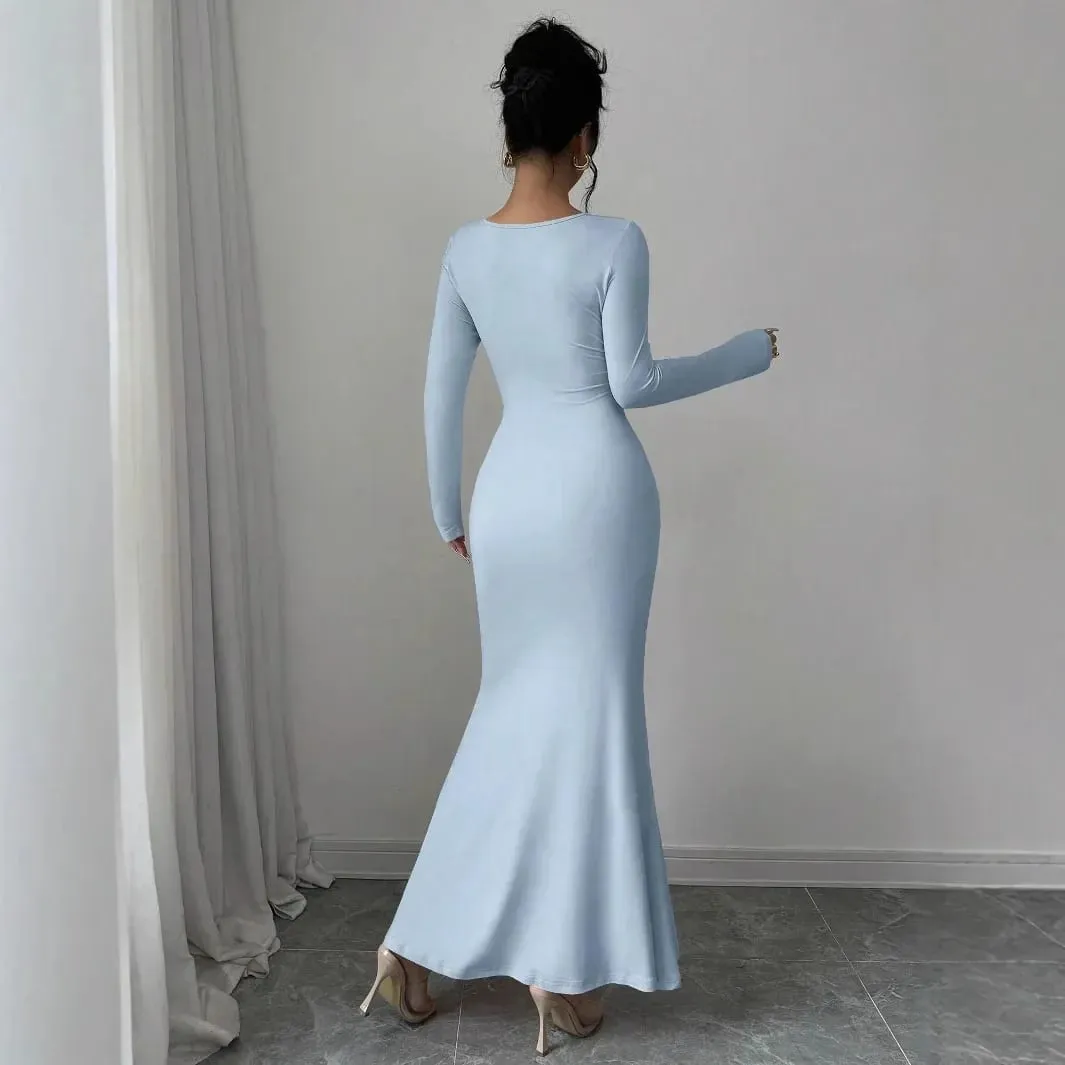 Elegant Long Sleeve Fish Tail Dress Women's Fashionable Slim Fit Sexy Gown Full Length Ankle Skirt Regular Waistline
