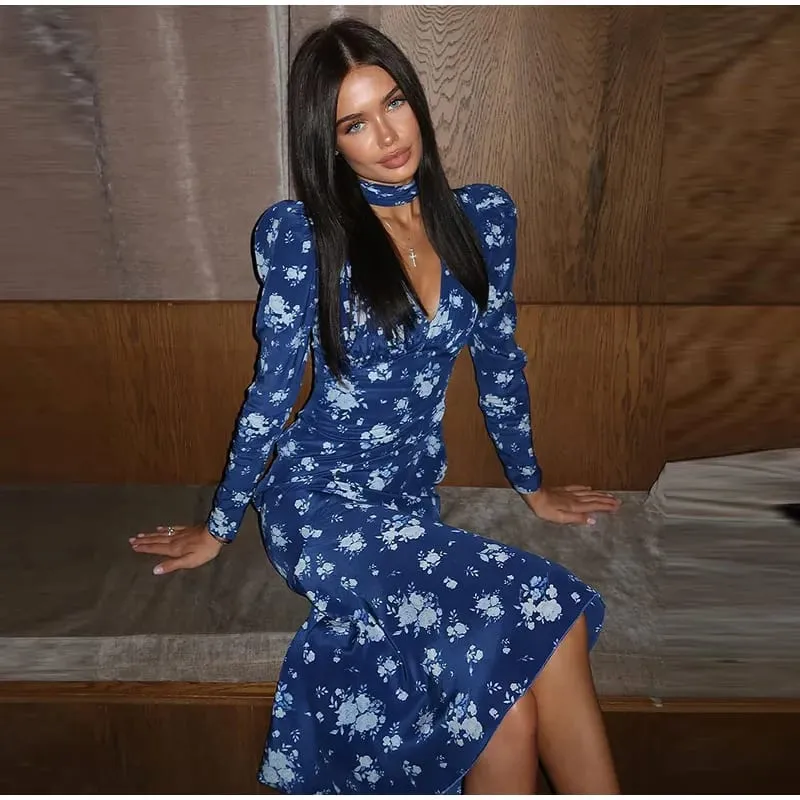 Satin Floral Print Maxi Dress Puffed Sleeve Halter Neck Waist Cinched 2026 Summer Vacation Women Vestido Fashion Chic Lady Gown