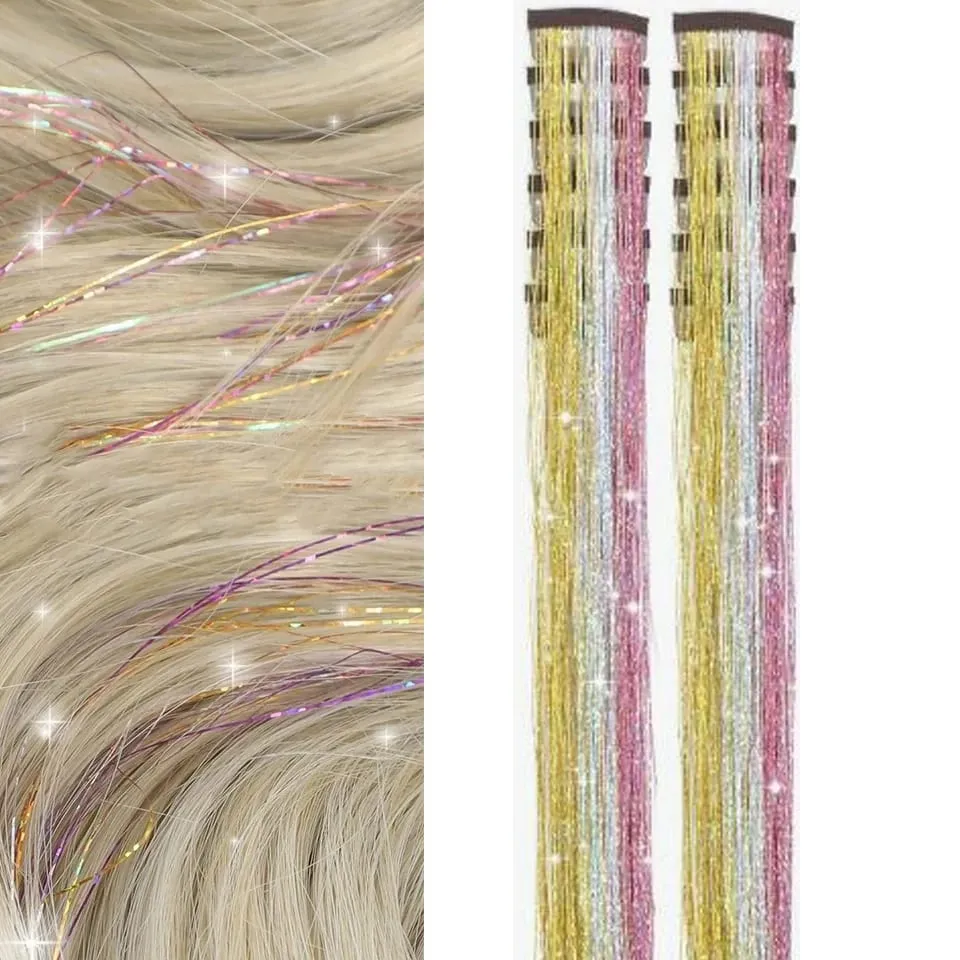12Pcs/Pack Sparkle Blonde Hair Extensions Clip In Rainbow Shiny Sparkle Hair Tinsel Heat Resistant Sparkle Hair Extensions For W