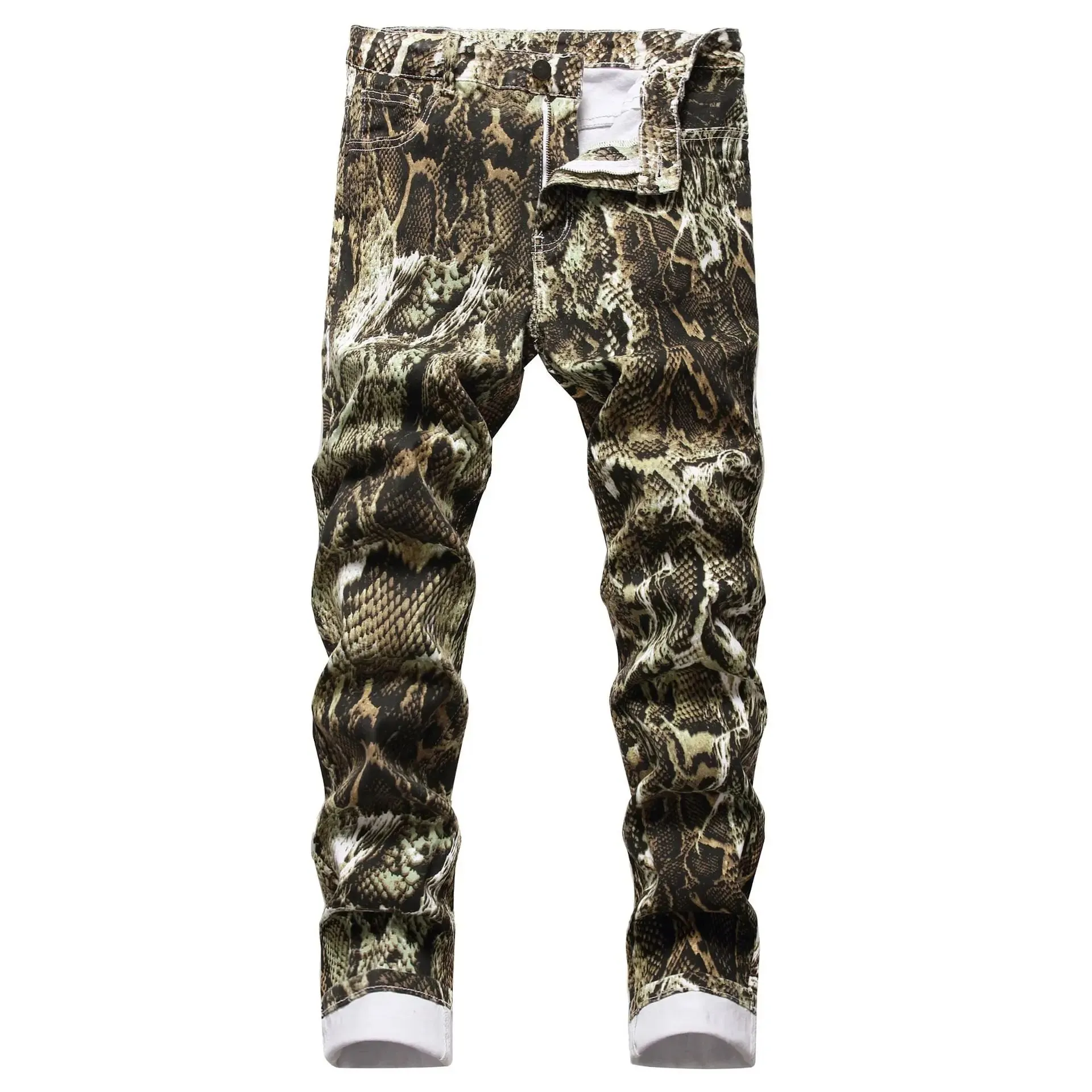 Jeans para sa Lalaki Hip Hop Printed Snakeskin Pencil Pants Slim Fit Colored Stretch Mid Waist Washed Denim Ankle Length Pantalon