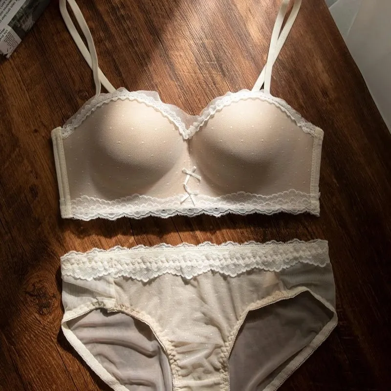 Sexy Mesh Wire Free Underwear Set Women Lace Dot 1/2 Palm Cup Push Up Bra Summer Detachable Strap Lingerie and Panties Sets — image 8