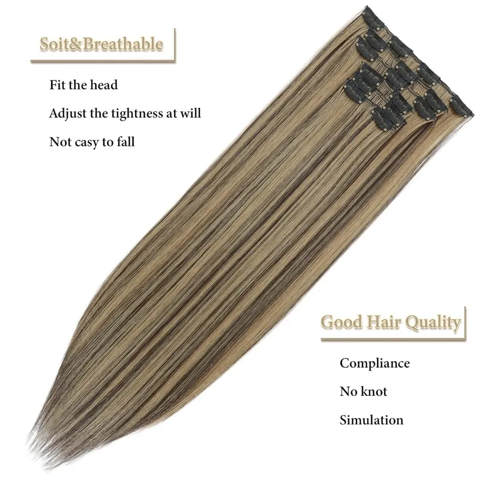 6Pcs/Set Clip In Hair Extension Synthetic Highlights Blonde Long Straight Hairpiece Full Head Thick Hairpieces for Women Girls