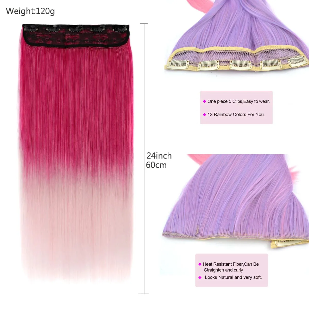 Jeedou Rainbow Hairpieces Clip In Hair Extension One Piece With 5Clips Ombre Color Straight Hair Wig For Girls Halloween Cosplay