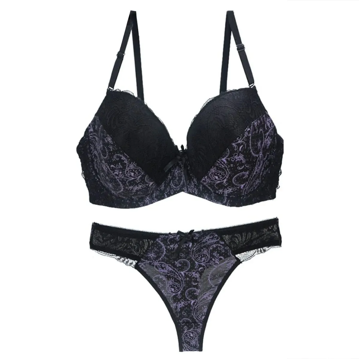 Women Color Block Floral Lace Print Bra Briefs Set Push Up Adjustable Support Sexy Thong Panties Daily Women Lingerie Set