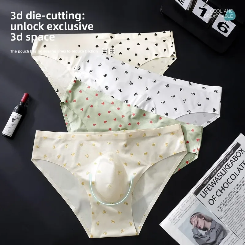 Nam Liền Mạch Băng Lụa Quần Đùi Trái Tim Dễ Thương Nơ In 3D Đúc Túi Thấp Tầng Mềm Mại Thoáng Khí Nam Quần Lót