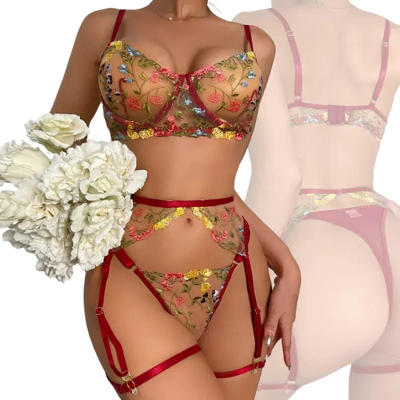 Conjunto de lingerie sexy de cor aleatória, 3 peças, bordado floral, sutiã de renda transparente, cinta-liga, kit de roupa íntima íntima