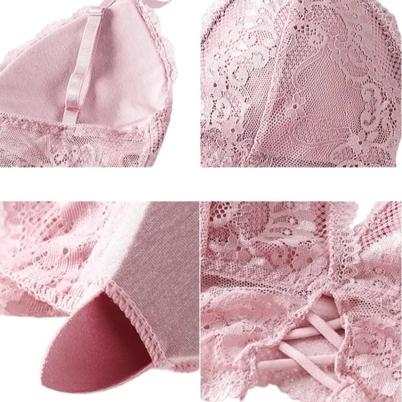 Lace Bra Set for Women Wirefree Bralette Front Criss‑Cross Floral Lace Underwear Sexy Lingerie 2‑Piece Bra And Panty Kit