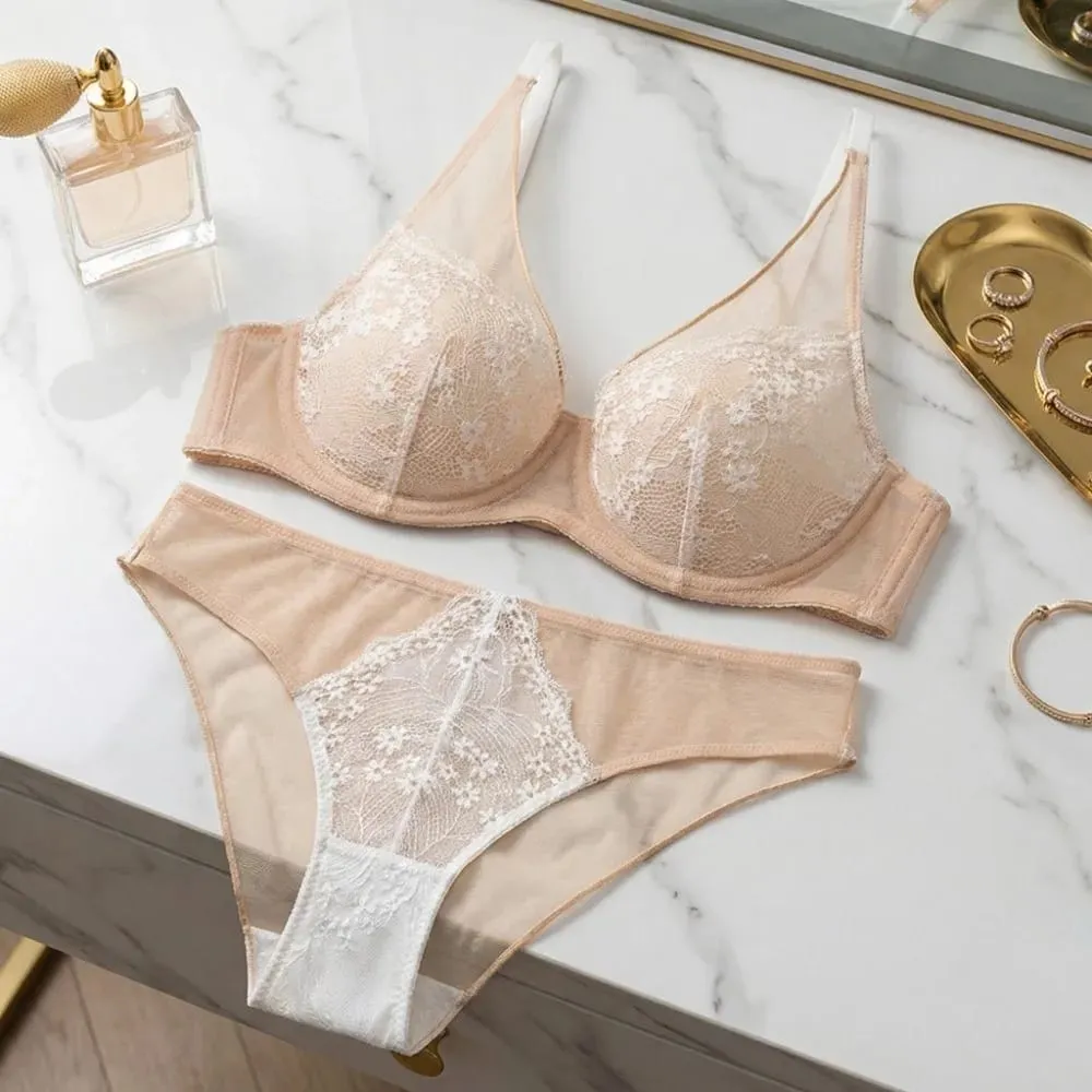 French Vintage Mesh Lace Flower Bra Set Lingerie Brassiere Mesh Bra Panties Kit Thin Underwear Push Up Bra Women Girl