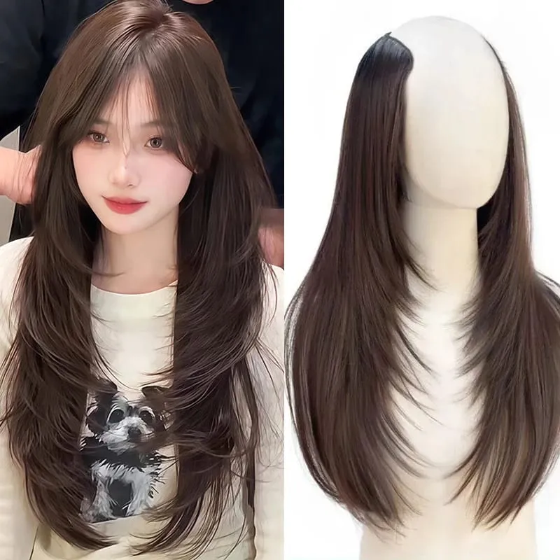 Clip in Hair Extensions Wig Synthetic Hairpiece High Layered Inward-Curled Hair Extensions with 5 Clips for Women Daily Use
