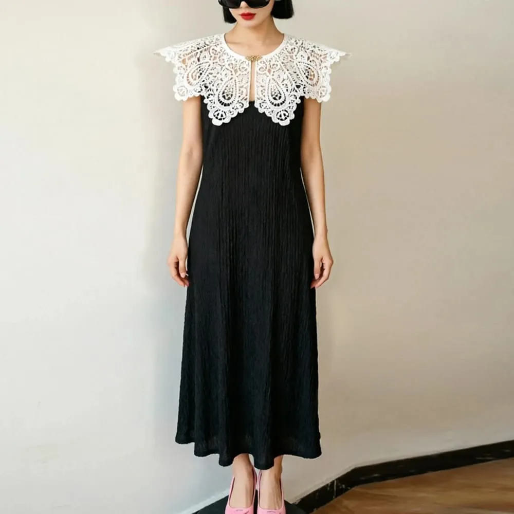 Pleated Sleeveless Elastic Long Dresses Women Vintage Palace Style Womens Black White Doll Fake Collar Soft Midi Dress Clothing