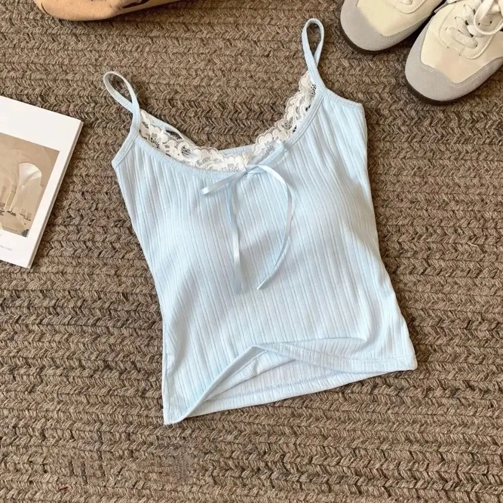 Waist-cinching Sleeveless Slim Lace Crop Top Y2k Solid Color Camisole with Pads Bottoming Shirt Sweet Lace Patchwork Vest Lady