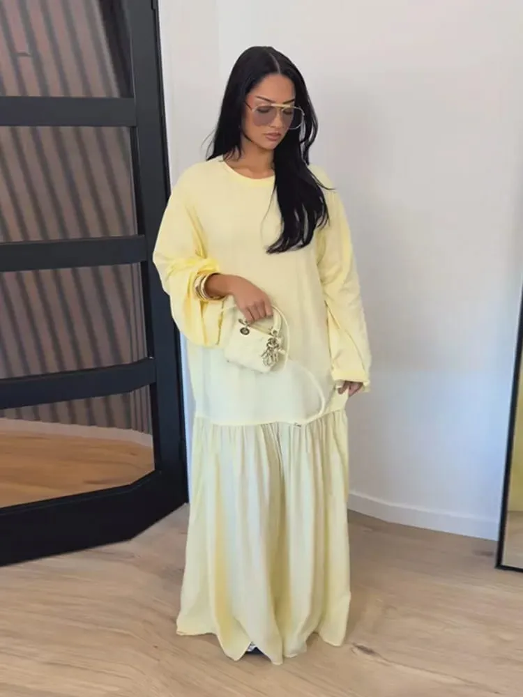 Solid Color Loose Fit Flare Sleeve Tiered Dress Crew Neck Ruffle Hem Pleated Long Maxi Dresses 2026 Spring Chic Casual Outwear