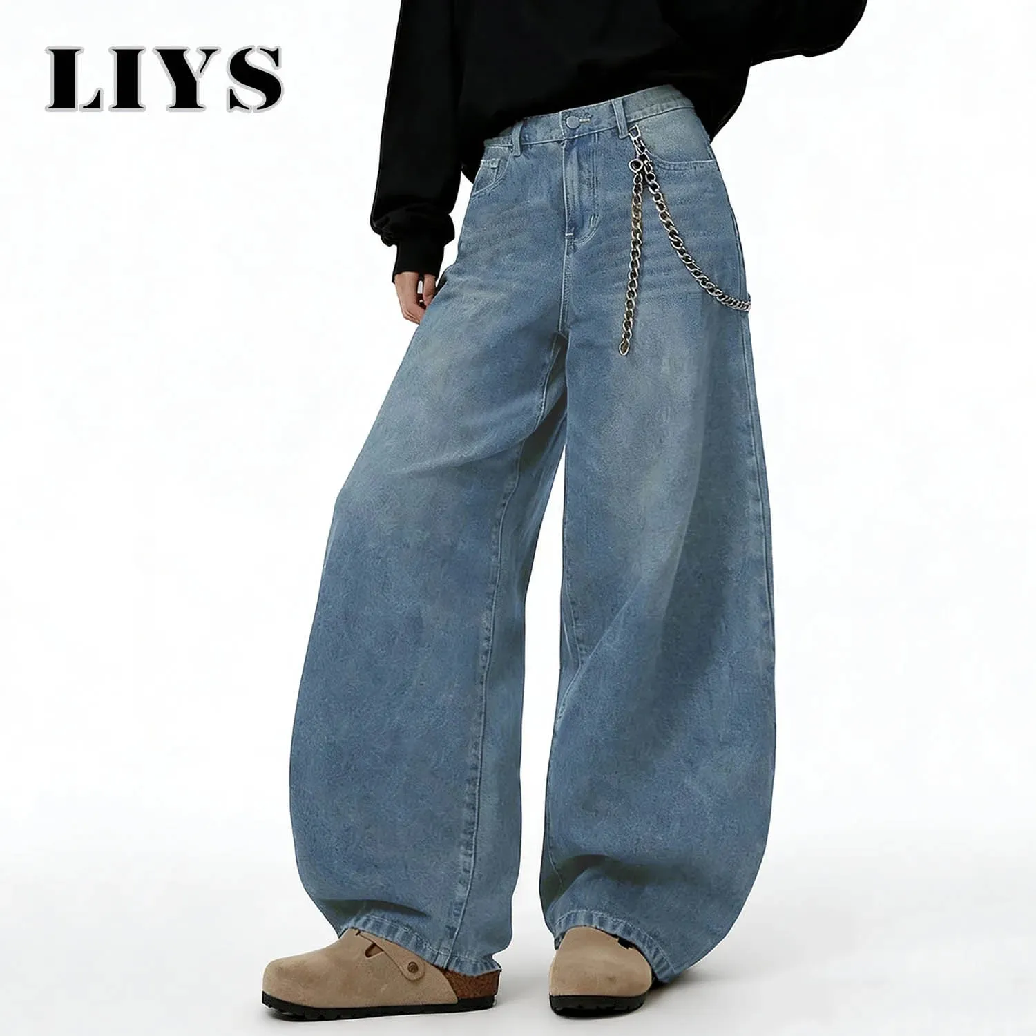 American Retro Baggy Wide Leg Jeans Men's Streetwear Distressed Y2K Clothing Casual Daily Four Seasons Denim Pants Unisex