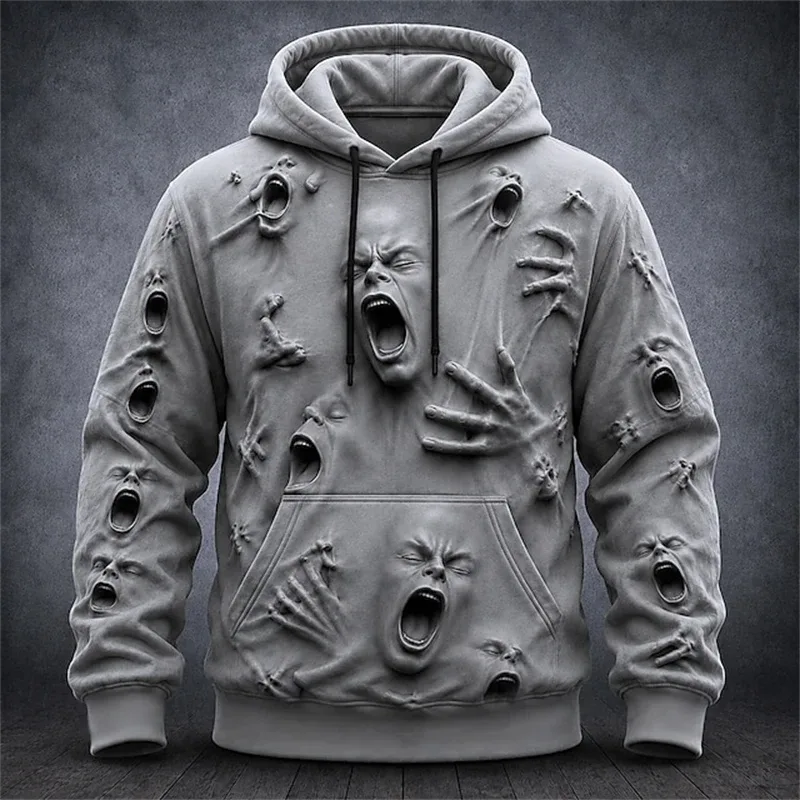 Men's Autumn Winter Halloween Hoodie Casual Pullover with Spooky Skull Print Loose Fit Festive Street-Style Top for Parties