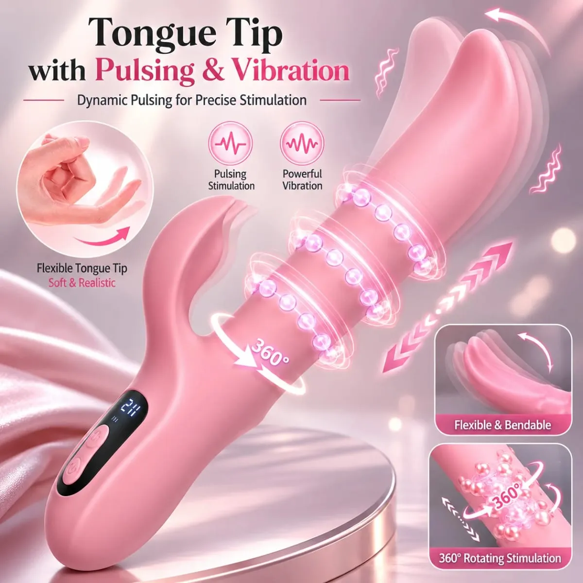 Rabbit Vibrator Sex Toy for Women Rotating Beads Wiggling G Spot Massager Dual Vibration LCD Display Waterproof Silicone