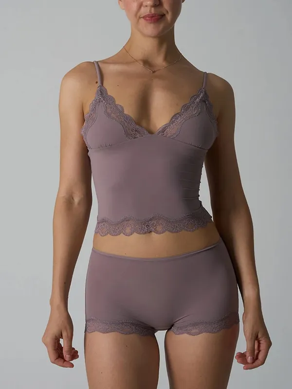 Pink Lace Trim Bra Sets Woman Sexy Triangular Cup Seamless Bras+Low Waist Boxer Briefs Solid Soft Comfort Underwear 2 Piece Set