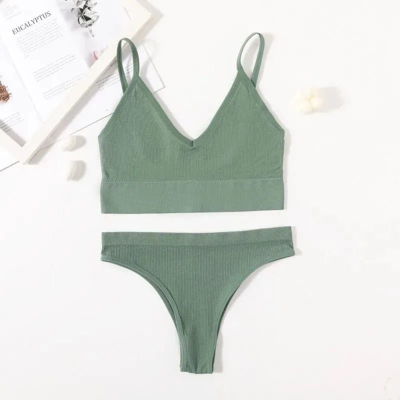 Women Seamless Bra And Panties Set Low Waist High Leg Cut Thongs Non-Wire Bra Top Sexy Lingerie Ladies U-Back Underwear Set