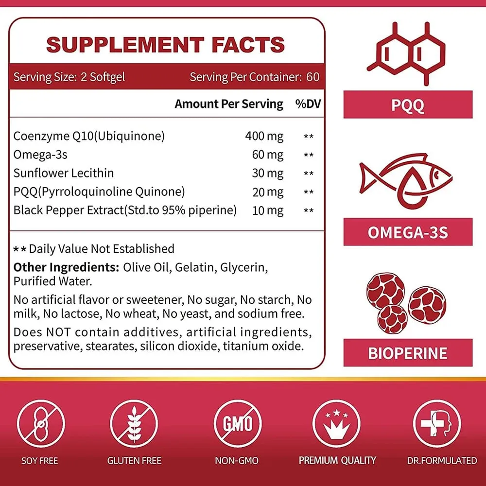 CoQ10 400mg Softgels - Coenzyme Q10 Supplement Plus PQQ Omega 3 Antioxidant for Heart Health and Cellular Energy 120 Softgel