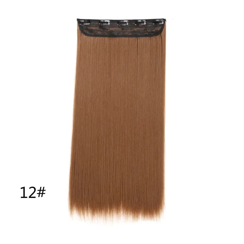 Grampo longo e reto sintético de 24 polegadas, extensão de cabelo de uma peça, 5 clipes, cabelo falso loiro, marrom, preto, resistente ao calor