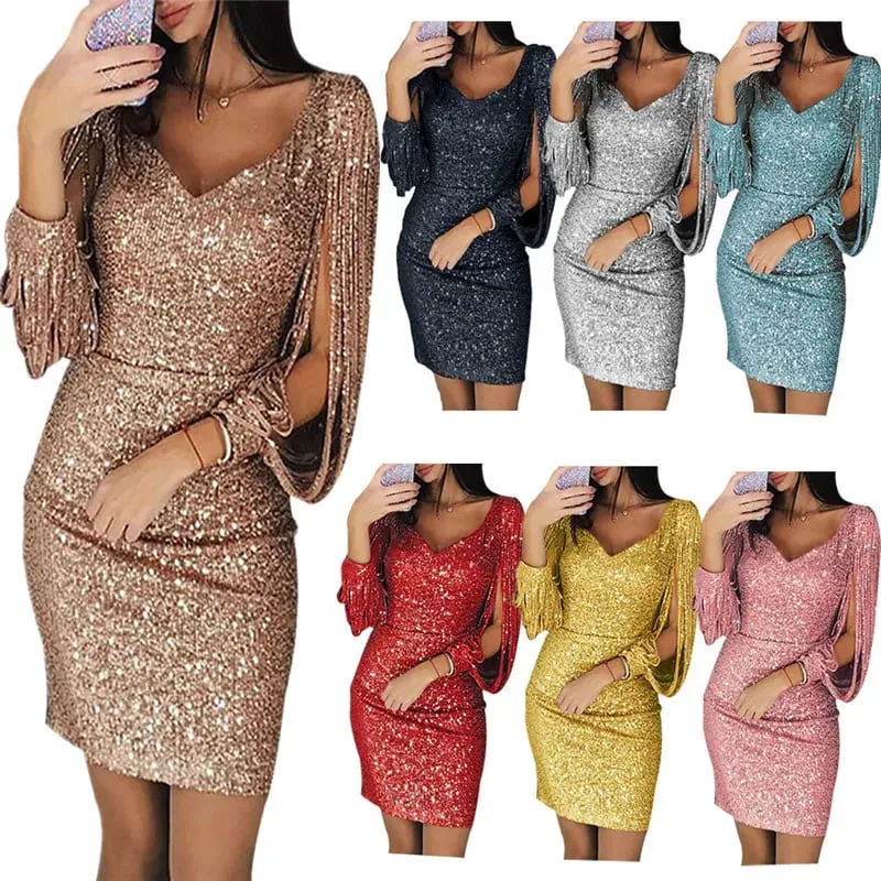 Evening Dresses for Women Elegant Long Sleeve Sequin Mini Dresses Sexy Ruched Bodycon Sparkly Glitter Cocktail Party Dresses