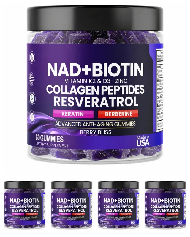Biotin Collagen Gummies with NAD+ Resveratrol Vitamin D3 K2 Zinc Daily Beauty Wellness Supplement 60 Count Berry Flavor