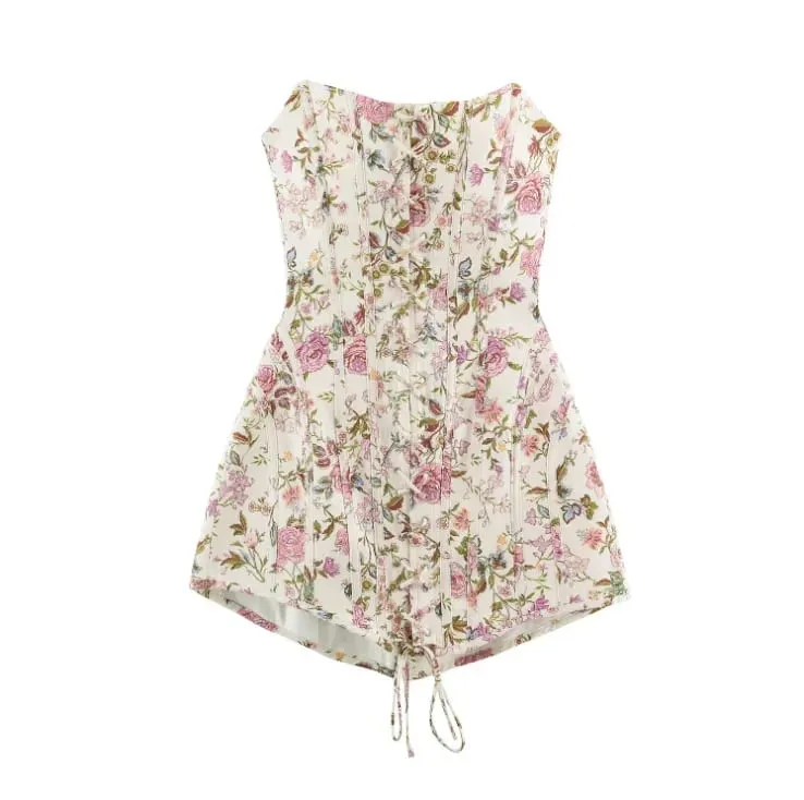 Floral Printed Off The Shoulder Lace‑up Mini Dress Strapless Waist-cinching Corset Short Dresses 2026 New Women's Party Outfits