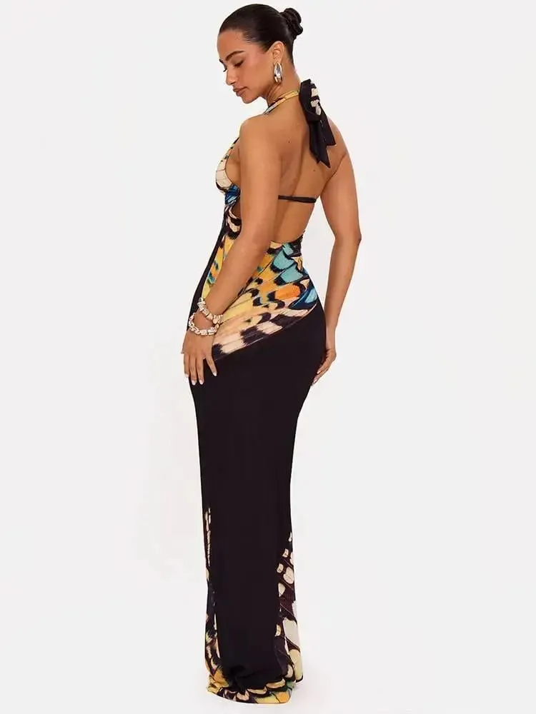 Mozision Women Butterfly Print Halter Maxi Dress Deep V Neck Bodycon Long Dress Sleeveless Backless Evening Party Club Dresses
