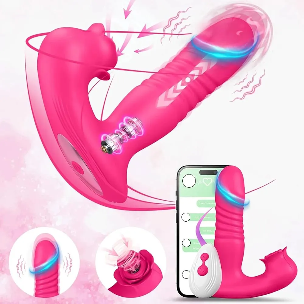 Dildo Vagian Massage Wand Rose Sucking Vibrator Adult Women Thrusting Sex Toy Wearable App Clitoral Sucker Telescopic Vibrating