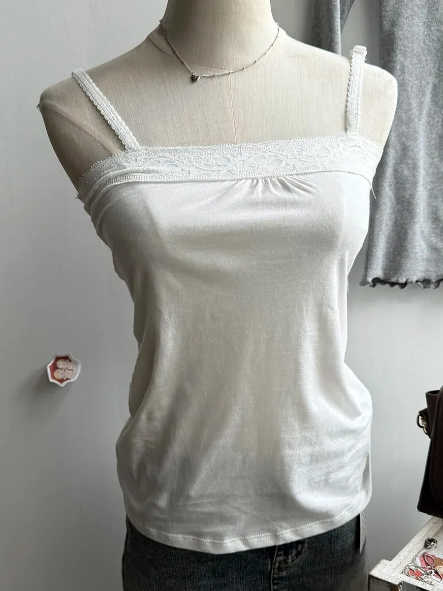 Lace Trim Strapless Tops Women Cotton Soft Slim White Sexy Sleeveless Camisole Sweet Cute Chic Tank Tops Y2K