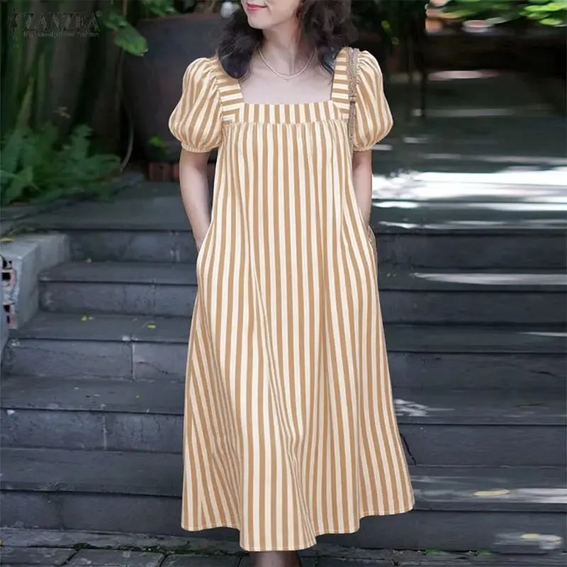 Women Summer Sundress Stylish Striped Dress 2026 Square Neck Short Sleeve Midi Robe Elegant Casual Holiday Beach Dresses