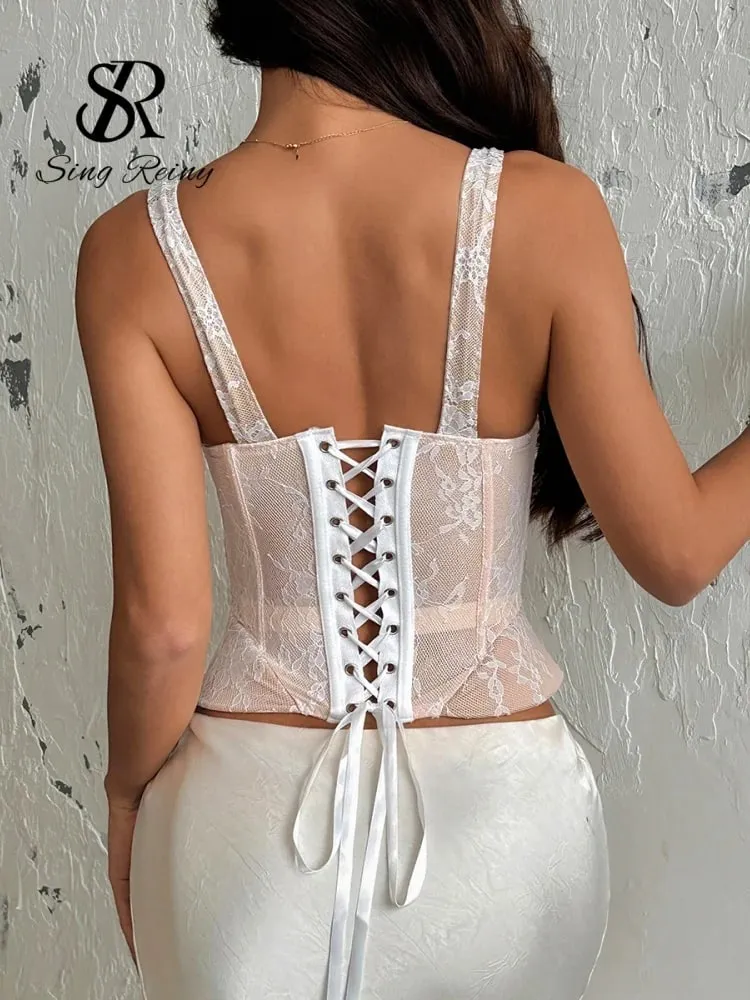 INS Hot Girl Lace Corset Top Women Strap Sleeveless Lace Up Backless Mini Camisole Floral Mesh Shapewear Slim Tank Top
