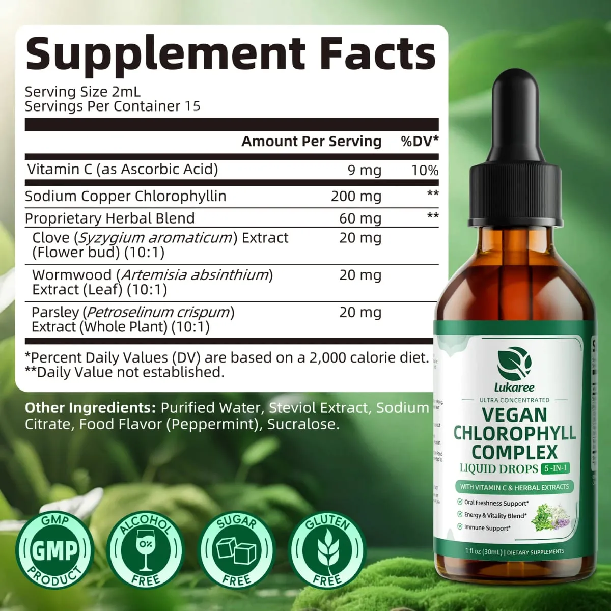 Lukaree Gotas líquidas de clorofila de 30 ml que favorecen la limpieza natural y el desodorante interno inmunológico Salud de la piel y el intestino Vegano sin azúcar