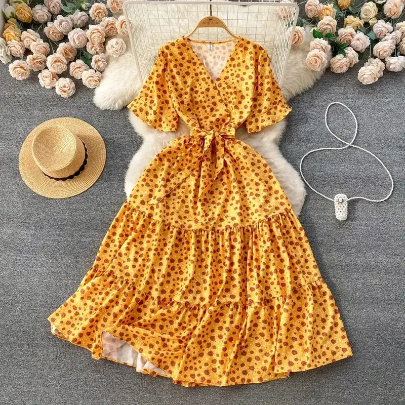 YuooMuoo Chic Fashion Vintage Floral Print Women Dress Elegant V-neck Belted Maxi Summer Dress Korean Vacation Beach Vestidos