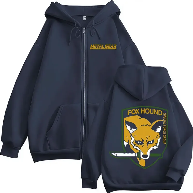 Metal Gear Solid Game FOX HOUND Logo Print Zipper Hoodies Men Women Clothing Fashion Pullovers Zip Up Hooded Sweatshirts Jackets