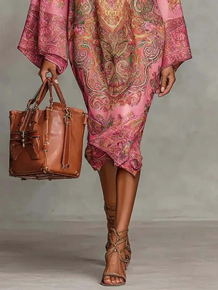 Yeezzi 2026 New Retro Classic Printed Party Evening Midi Dresses Loose Batwing Sleeves Elegant Ramadan Church Kaftan Dress Robe