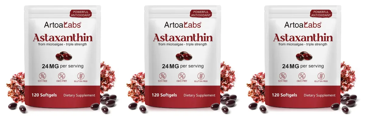 Astaxantina Softgels 24mg Tripla Força Poderoso Antioxidante Suporte à Saúde dos Olhos Microalgas Sem Soja Sem Glúten 120 Contagens