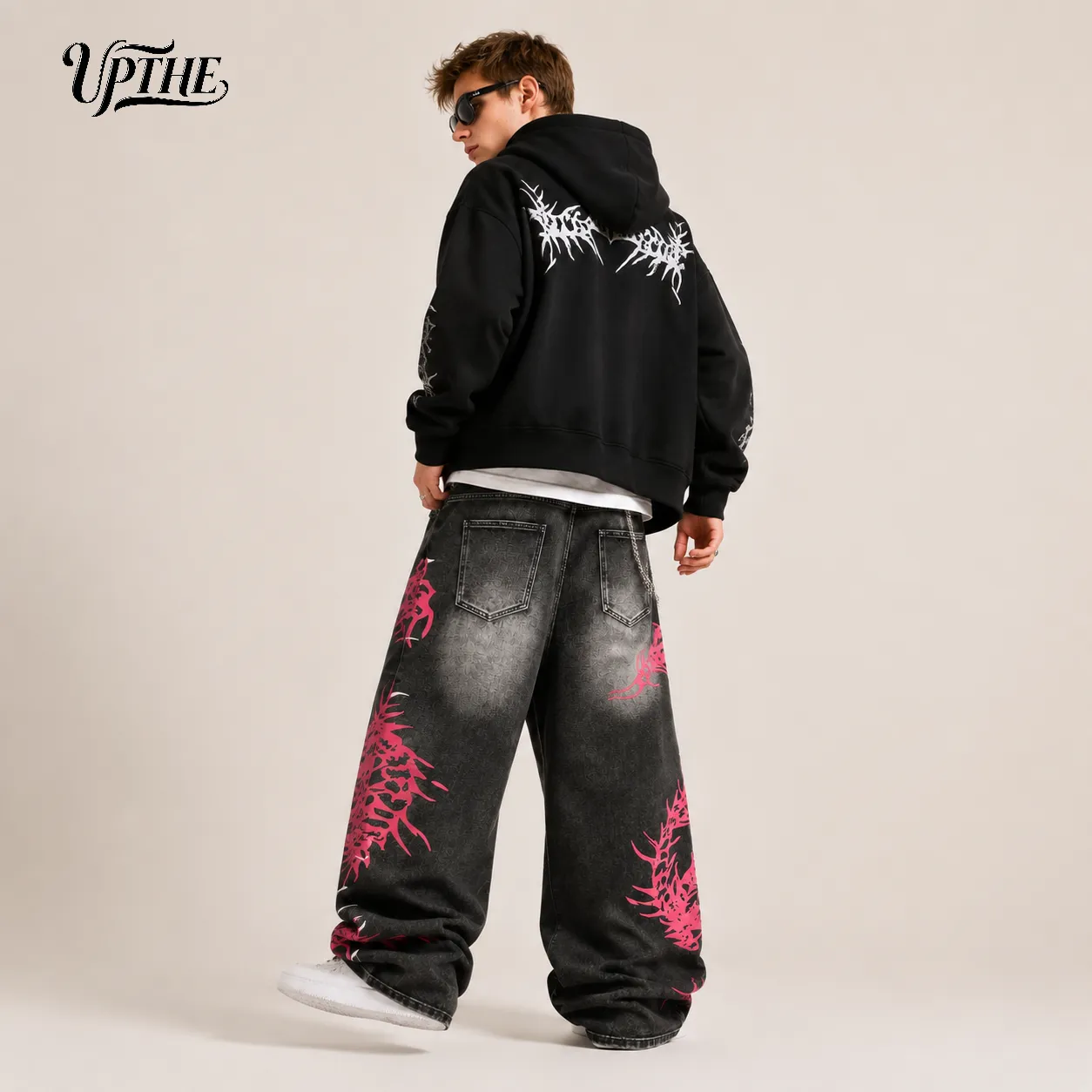UP.THE Men Baggy Wide Leg Jeans Vintage Washed Black Gray Denim Pants Y2K Oversized Loose Centipede Skeleton Print Streetwear Jeans for Daily Casual Hip Hop Outfits