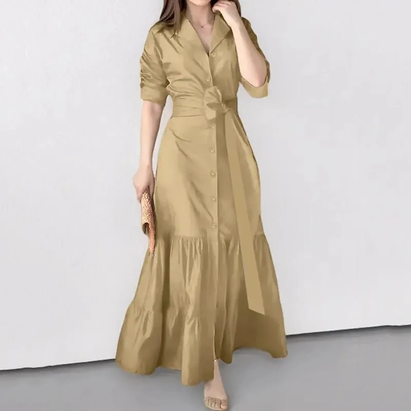 Spring Summer New Women's Long Solid Color Shirt Dresses Versatile Elegant V Neck Lace Up Cinched Waist Single Breasted Dress